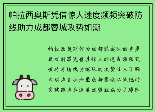 帕拉西奥斯凭借惊人速度频频突破防线助力成都蓉城攻势如潮